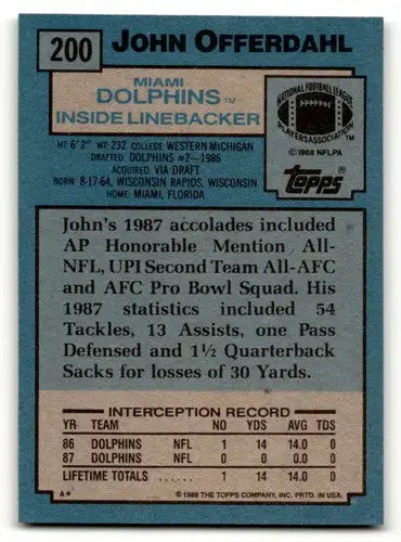 1988 Topps #200 John Offerdahl Miami Dolphins Football Cards EX/NM ID:62534 - Football Card Single