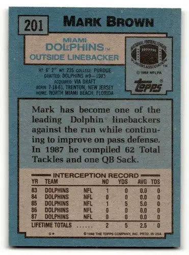 1988 Topps #201 Mark Brown Miami Dolphins Football Cards EX/NM ID:62535 - Trading Cards
