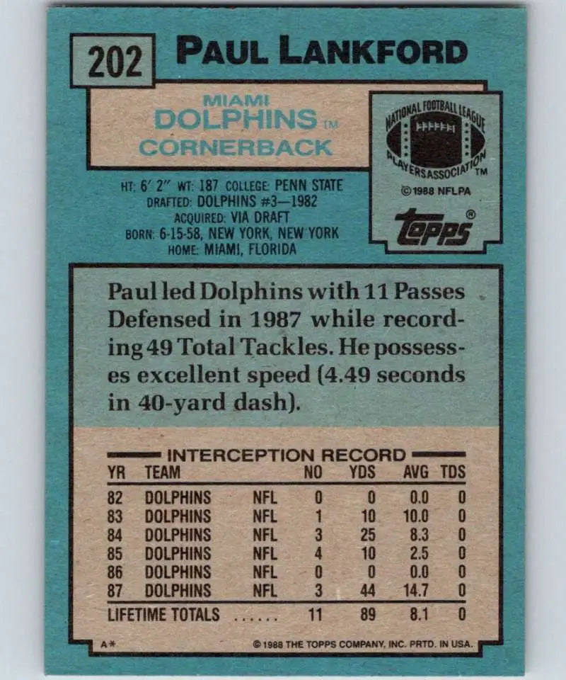1988 Topps #202 Paul Lankford EX Excellent Miami Dolphins Football Card - Football Card Single
