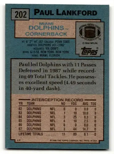 1988 Topps #202 Paul Lankford Miami Dolphins Football Cards EX/NM ID:62536 - Football Card Single