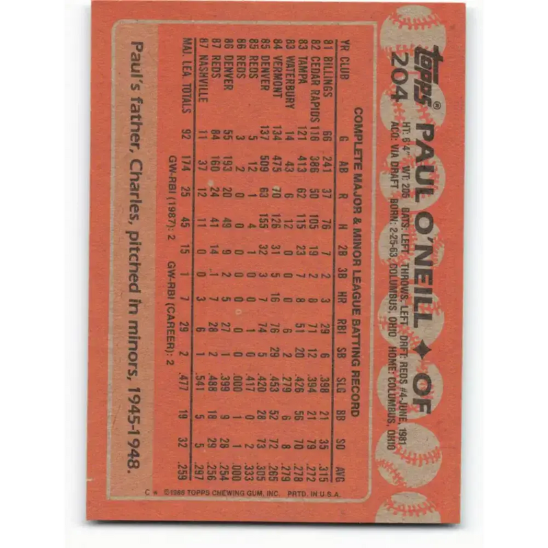 1988 Topps #204 Paul O’Neill NM-MT Cincinnati Reds Baseball Card - Baseball Card Single