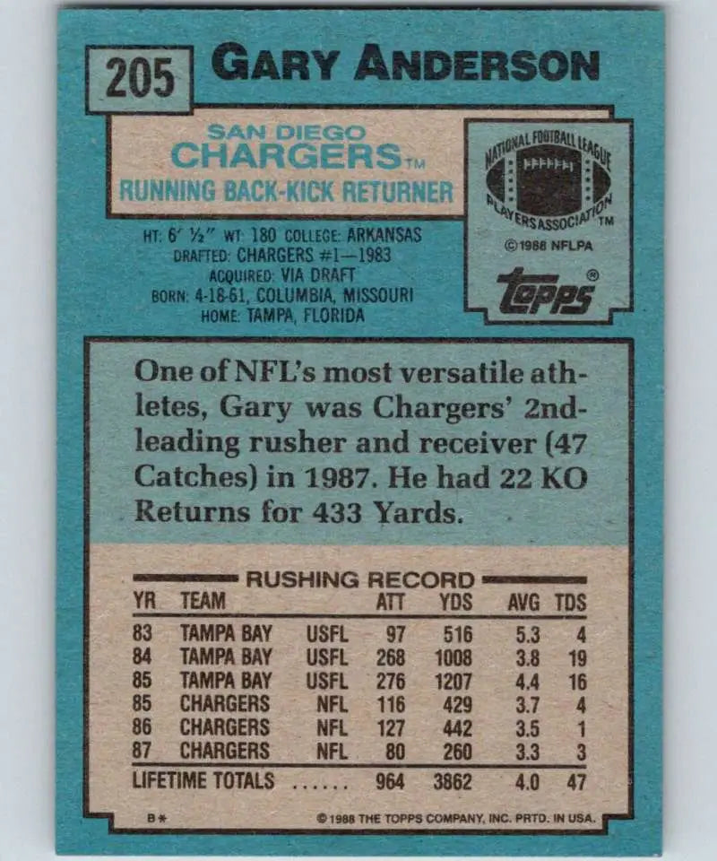 1988 Topps #205 Gary Anderson EX Excellent San Diego Chargers Football Card - Football Card Single