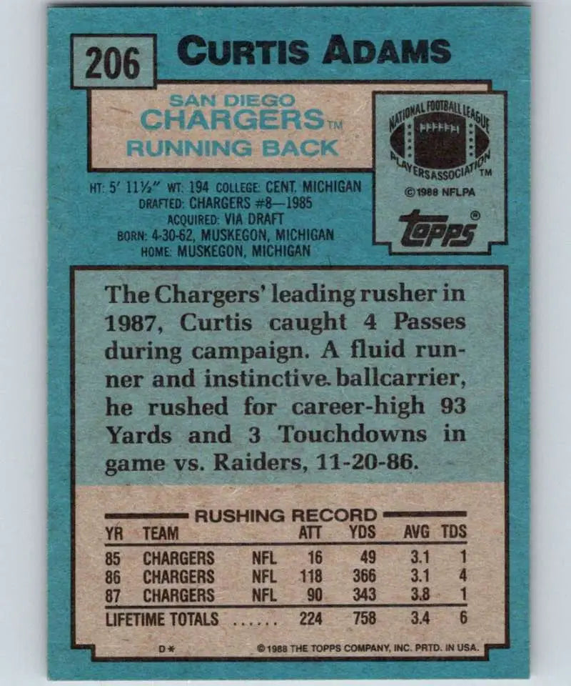 1988 Topps #206 Curtis Adams EX Excellent San Diego Chargers Football Card - Football Card Single