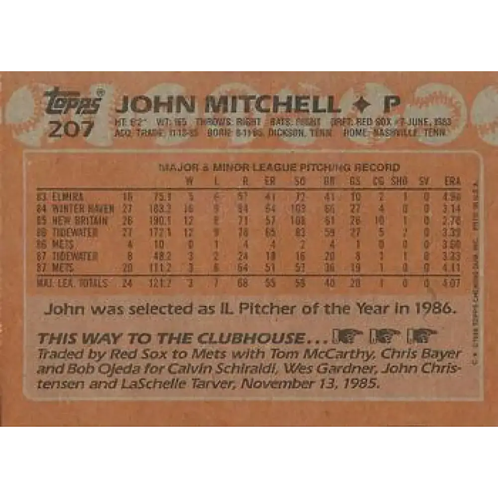 1988 Topps #207 John Mitchell NM-MT RC Rookie New York Mets Baseball Card - Baseball Card Single