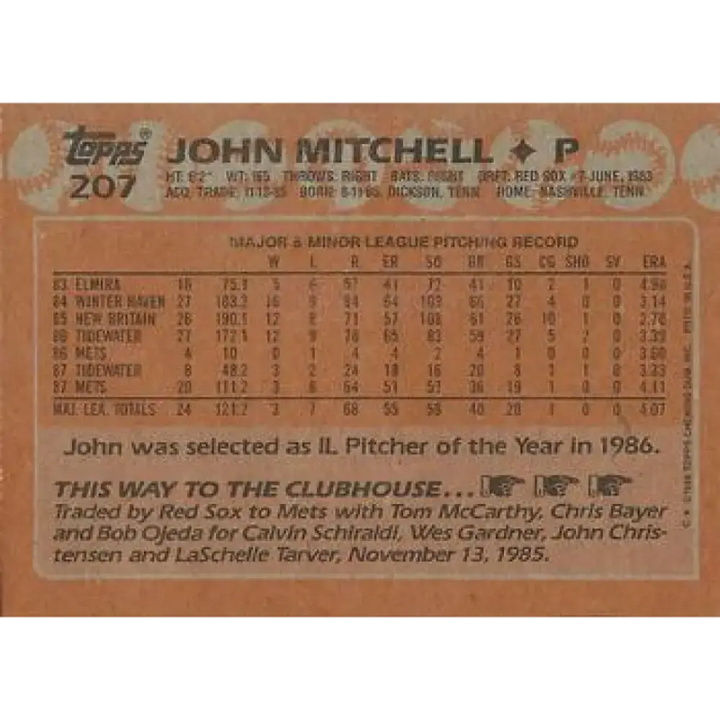 1988 Topps #207 John Mitchell NM-MT RC Rookie New York Mets Baseball Card - Baseball Card Single