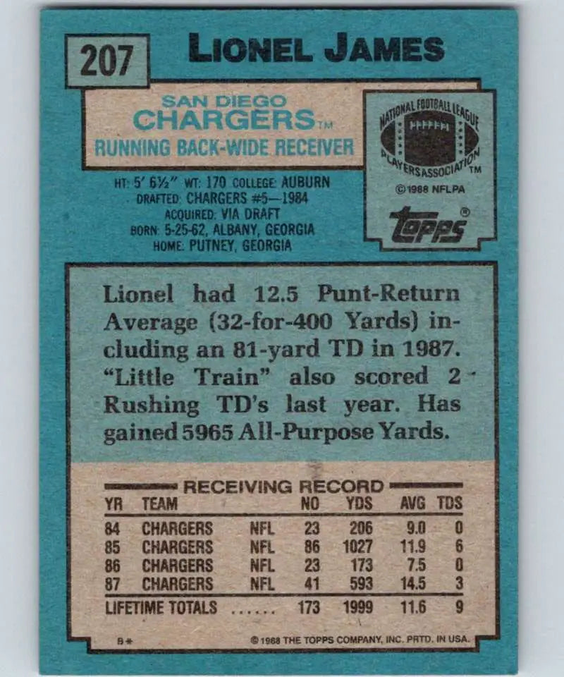 1988 Topps #207 Lionel James EX Excellent San Diego Chargers Football Card
