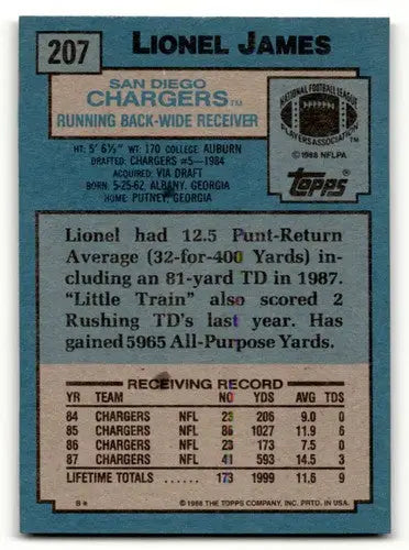1988 Topps #207 Lionel James San Diego Chargers Football Cards EX/NM ID:62541 - Football Card Single