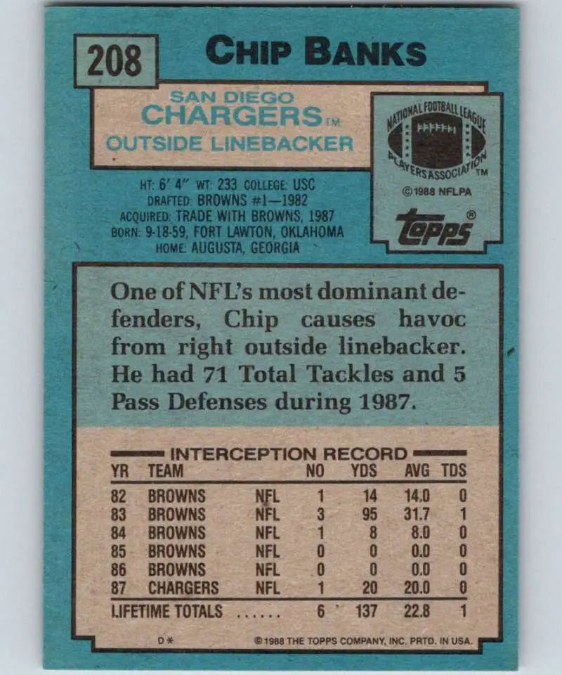 1988 Topps #208 Chip Banks EX Excellent San Diego Chargers Football Card - Football Card Single