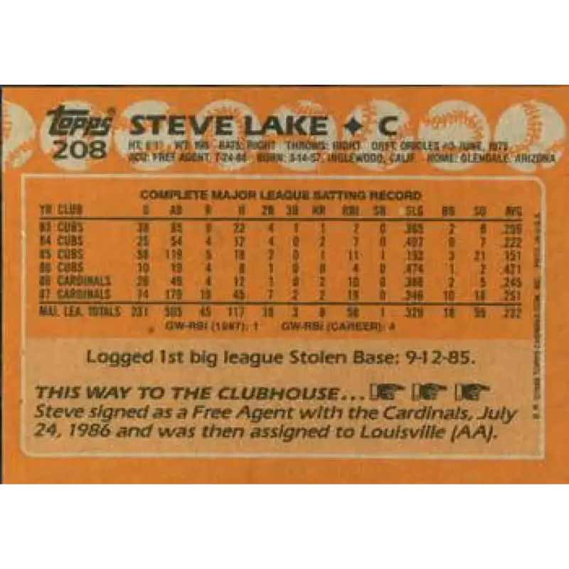 1988 Topps #208 Steve Lake NM-MT St. Louis Cardinals Baseball Card - Baseball Card Single