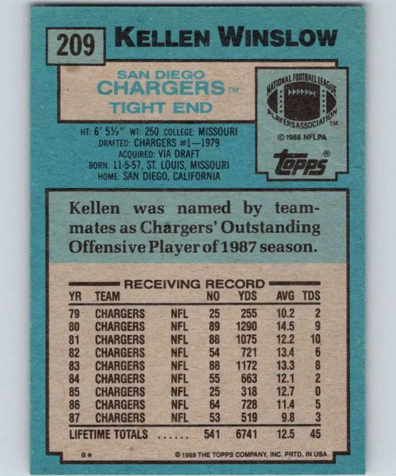 1988 Topps #209 Kellen Winslow EX Excellent San Diego Chargers Football Card - Football Card Single