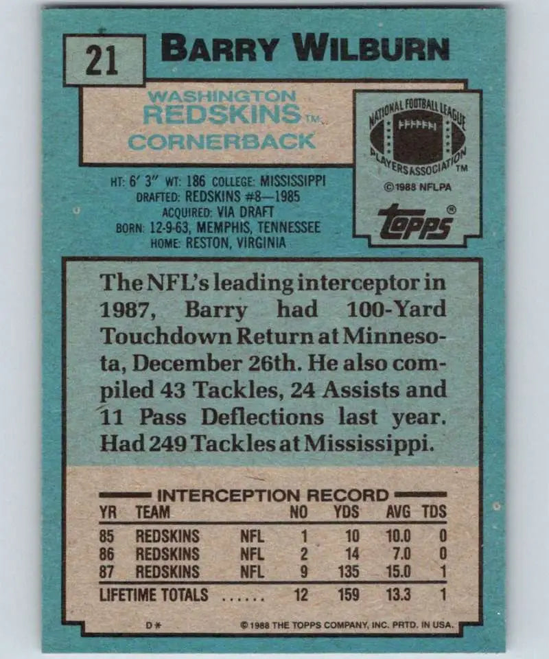 1988 Topps #21 Barry Wilburn EX Excellent Washington Redskins Football Card - Football Card Single