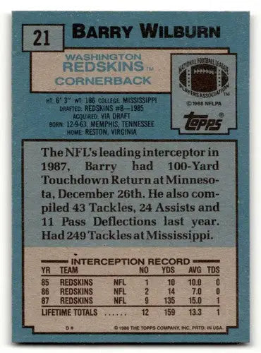 Original gloss Barry Wilburn Washington football card from 1988 Topps Redsk ins product