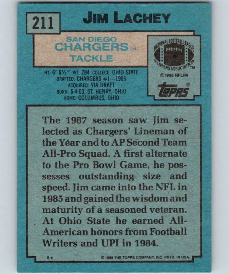 1988 Topps #211 Jim Lachey EX Excellent San Diego Chargers Football Card - Football Card Single