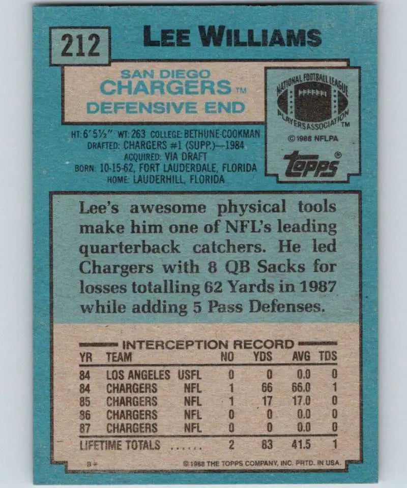 1988 Topps #212 Lee Williams EX Excellent San Diego Chargers Football Card - Football Card Single