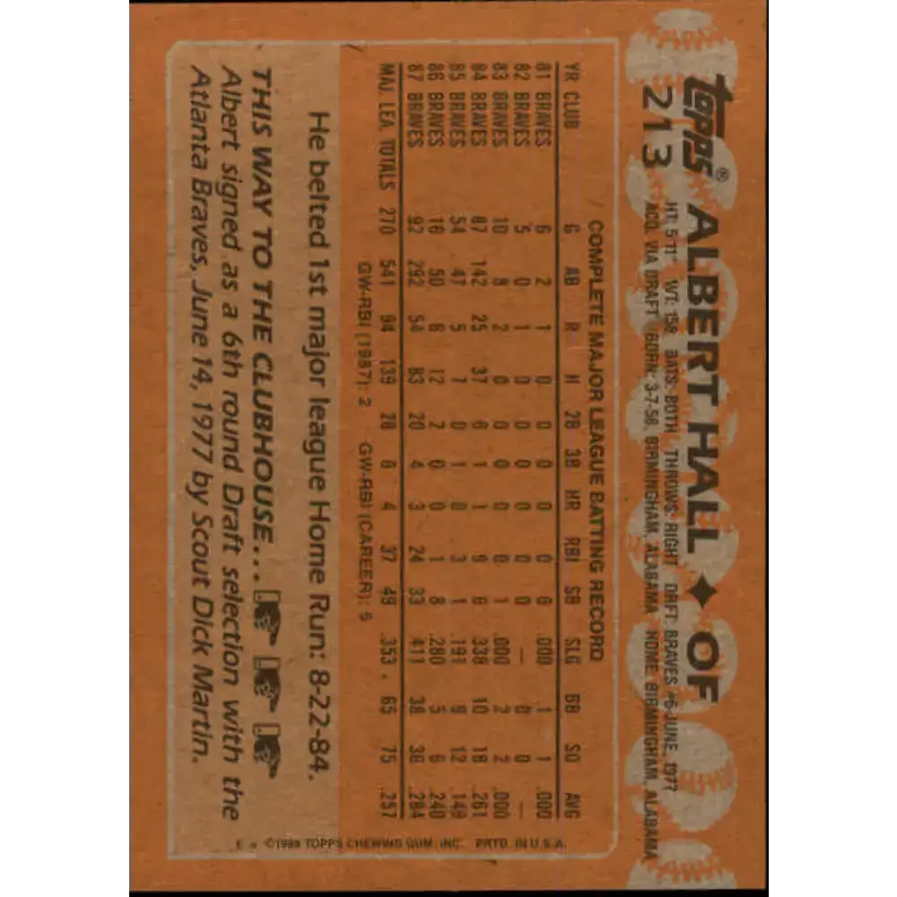 1988 Topps #213 Albert Hall NM-MT Atlanta Braves Baseball Card - Baseball Card Single
