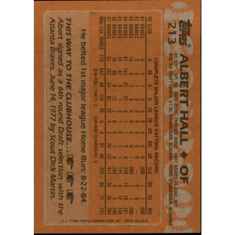 1988 Topps #213 Albert Hall NM-MT Atlanta Braves Baseball Card - Baseball Card Single
