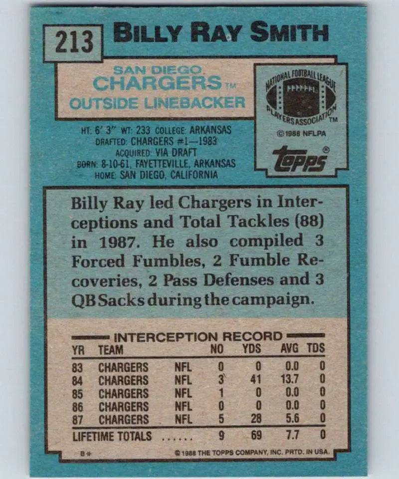 1988 Topps #213 Billy Ray Smith EX Excellent San Diego Chargers Football Card - Football Card Single