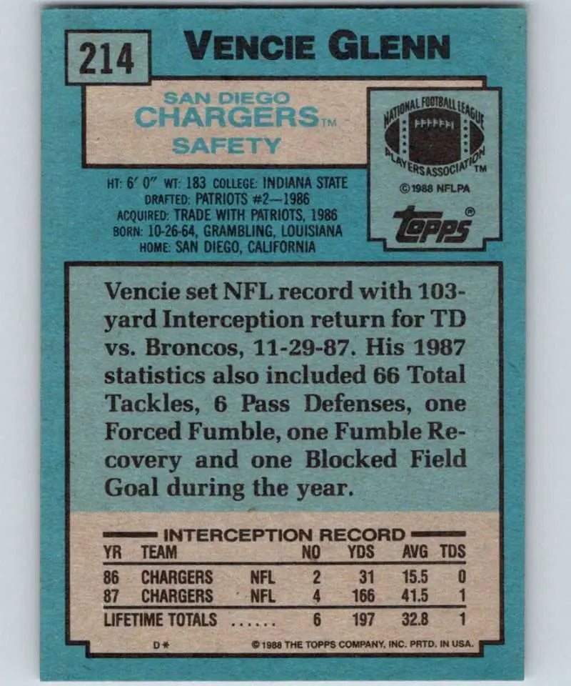 1988 Topps #214 Vencie Glenn EX Excellent RC Rookie San Diego Chargers Football Card - Football Card Single