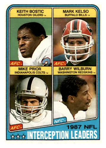 1987 NFL Interception Leaders trading card featuring Keith Bostic and Mark Kelso in original gloss