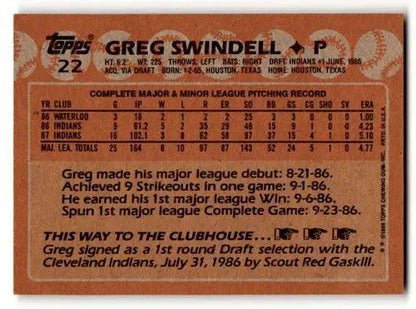 Original gloss 1988 Topps Greg Swindell Cleveland Indians baseball card image