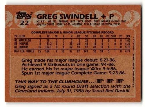 1988 Topps #22 Greg Swindell Cleveland Indians Baseball Cards NM Nea ID:61348 - Baseball Card Single