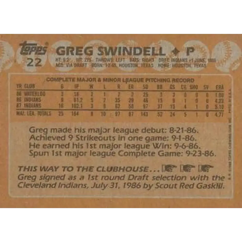 1988 Topps #22 Greg Swindell NM-MT Cleveland Indians Baseball Card - Baseball Card Single