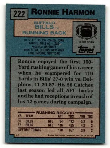 1988 Topps #222 Ronnie Harmon Buffalo Bills Football Cards EX/NM ID:62554 - Football Card Single