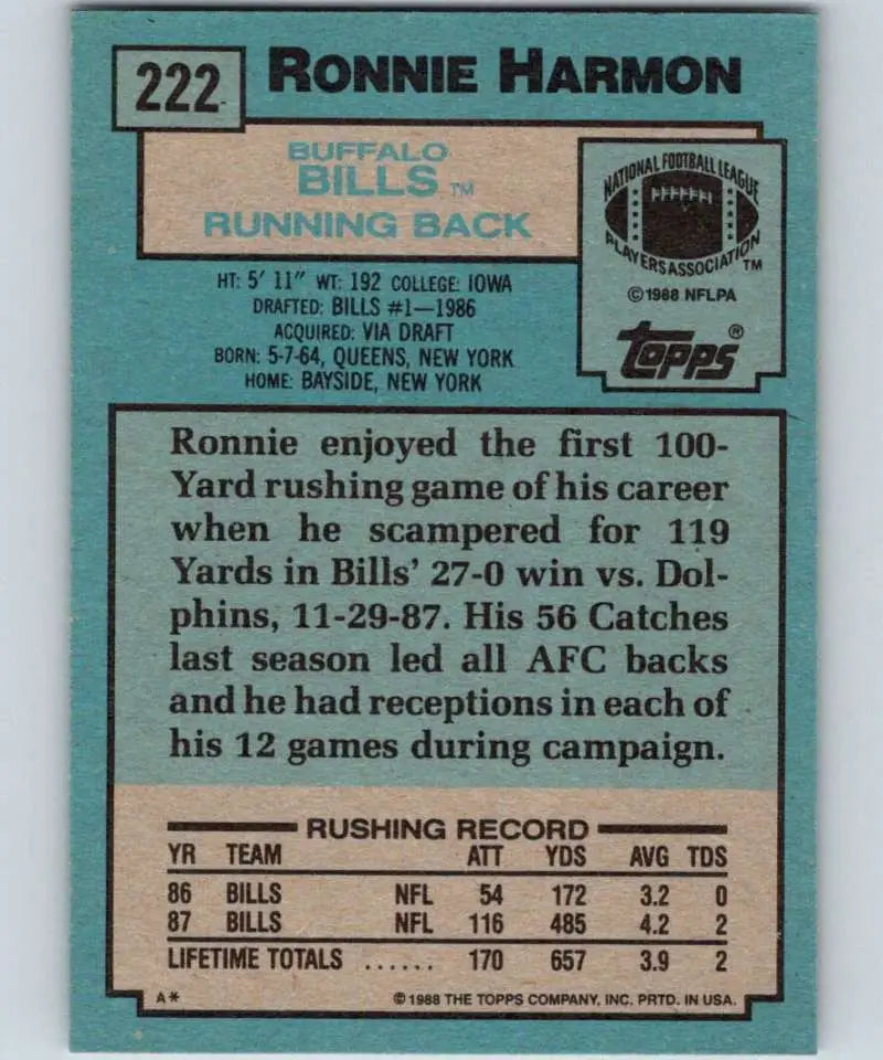 1988 Topps #222 Ronnie Harmon EX Excellent RC Rookie Buffalo Bills Football Card - Football Card Single