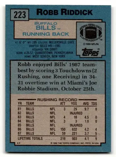 1988 Topps #223 Robb Riddick Buffalo Bills Football Cards EX/NM ID:62555 - Football Card Single