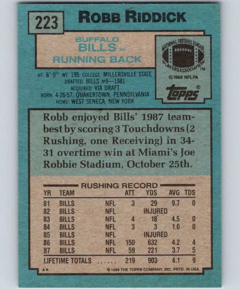 1988 Topps #223 Robb Riddick EX Excellent Buffalo Bills Football Card