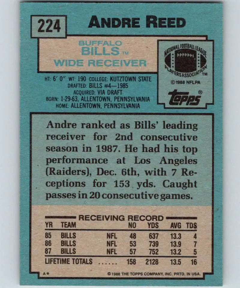 1988 Topps #224 Andre Reed EX Excellent Buffalo Bills Football Card - Football Card Single