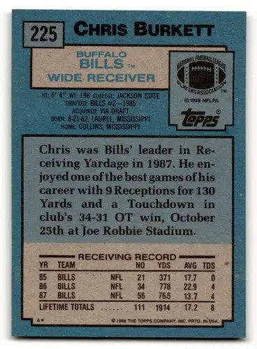 1988 Topps #225 Chris Burkett Buffalo Bills Football Cards EX/NM ID:62557 - Football Card Single