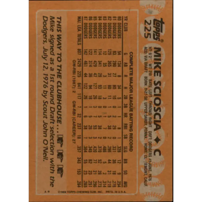 1988 Topps #225 Mike Scioscia NM-MT Los Angeles Dodgers Baseball Card - Baseball Card Single