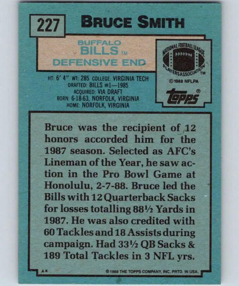1988 Topps #227 Bruce Smith EX Excellent Buffalo Bills Football Card - Football Card Single