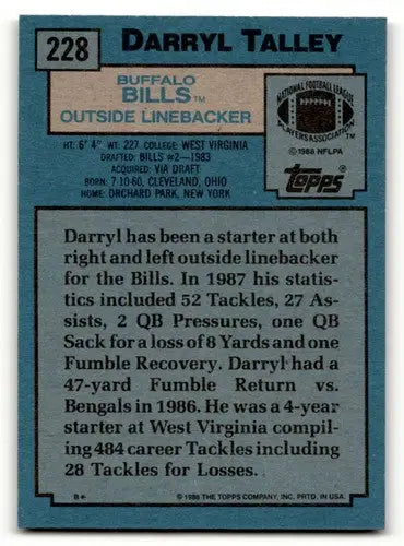 1988 Topps #228 Darryl Talley Buffalo Bills Football Cards EX/NM ID:62560 - Football Card Single