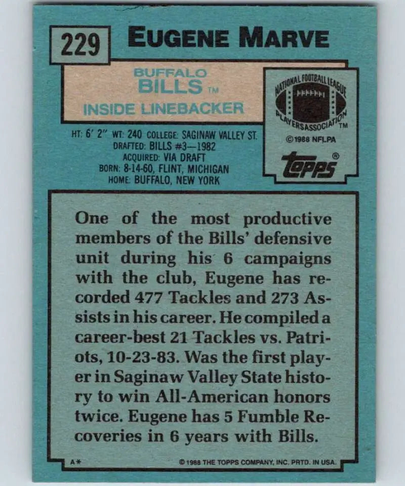 1988 Topps #229 Eugene Marve EX Excellent Buffalo Bills Football Card - Football Card Single