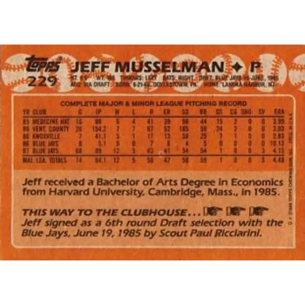 1988 Topps #229 Jeff Musselman NM-MT Toronto Blue Jays Baseball Card