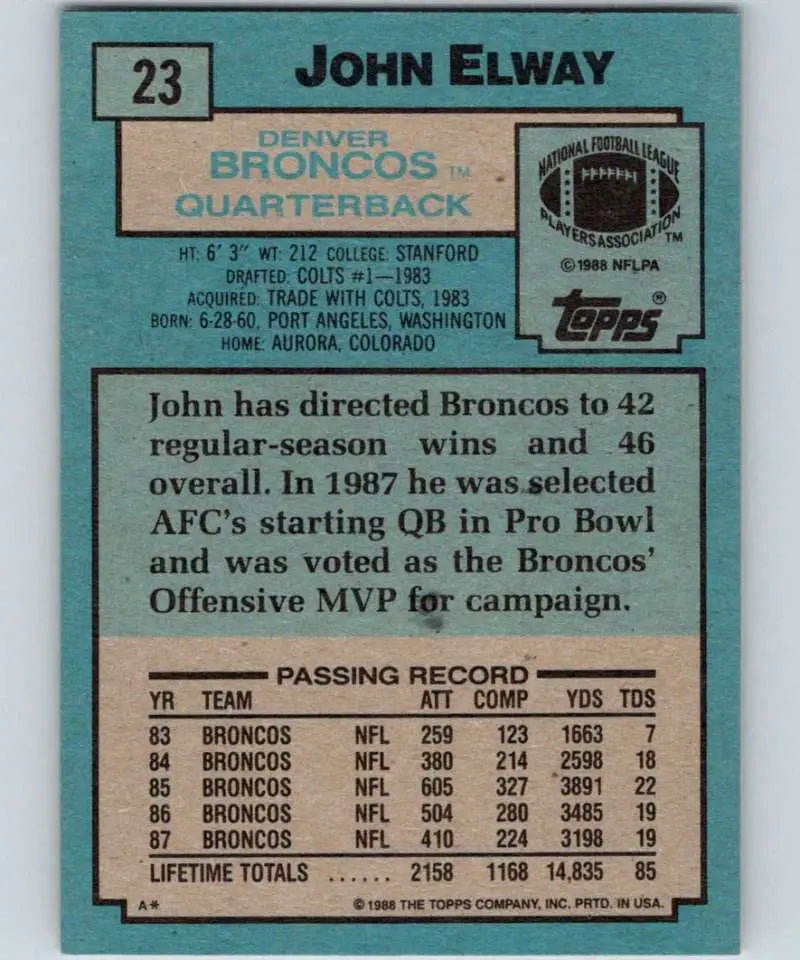 1988 Topps #23 John Elway EX Excellent Denver Broncos Football Card - Football Card Single