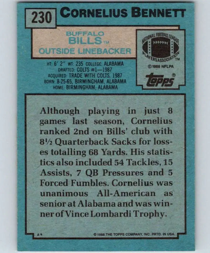 1988 Topps #230 Cornelius Bennett EX Excellent RC Rookie Buffalo Bills Football Card - Football Card Single
