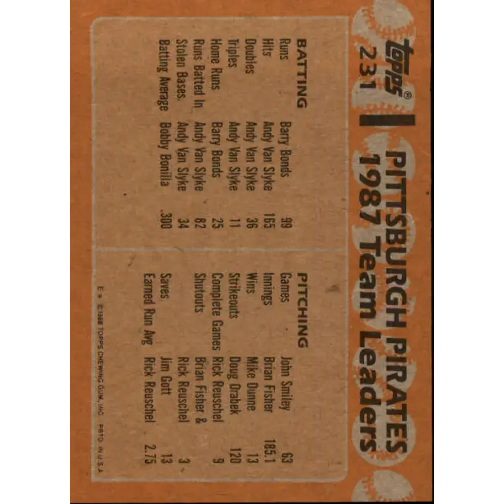 1988 Topps #231 Barry Bonds/Bobby Bonilla NM-MT Pittsburgh Pirates Baseball Card - Baseball Card Single