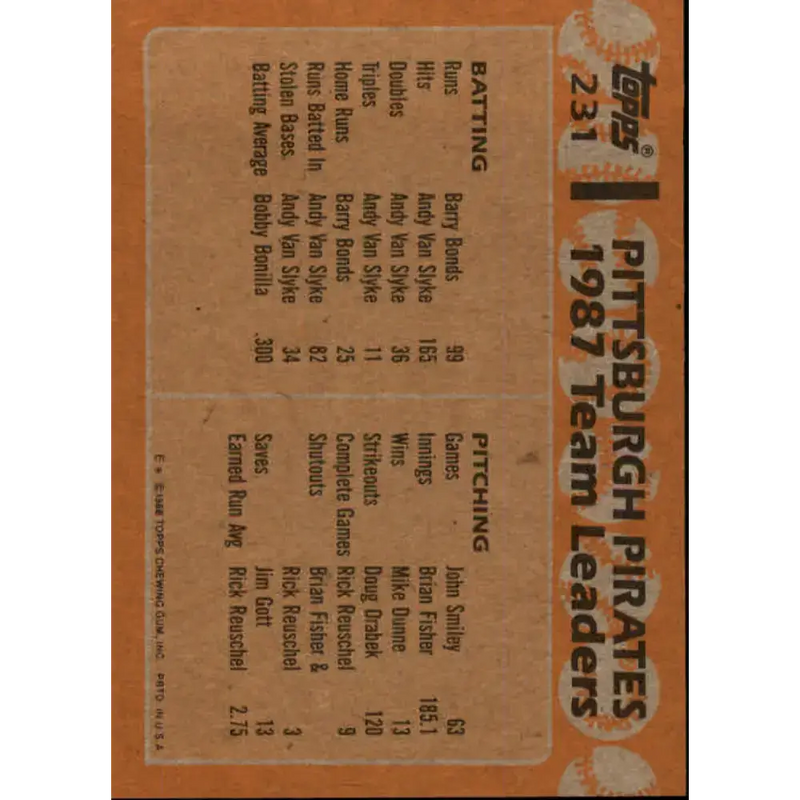 1988 Topps #231 Barry Bonds/Bobby Bonilla NM-MT Pittsburgh Pirates Baseball Card - Baseball Card Single