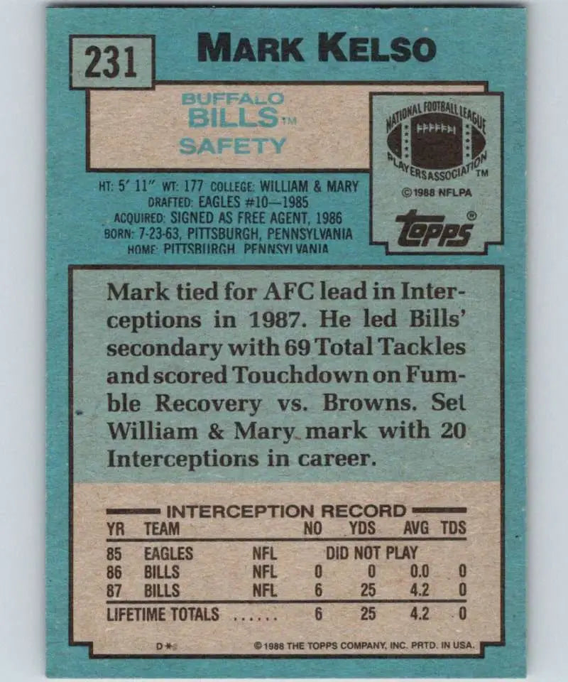1988 Topps #231 Mark Kelso EX Excellent RC Rookie Buffalo Bills Football Card - Football Card Single
