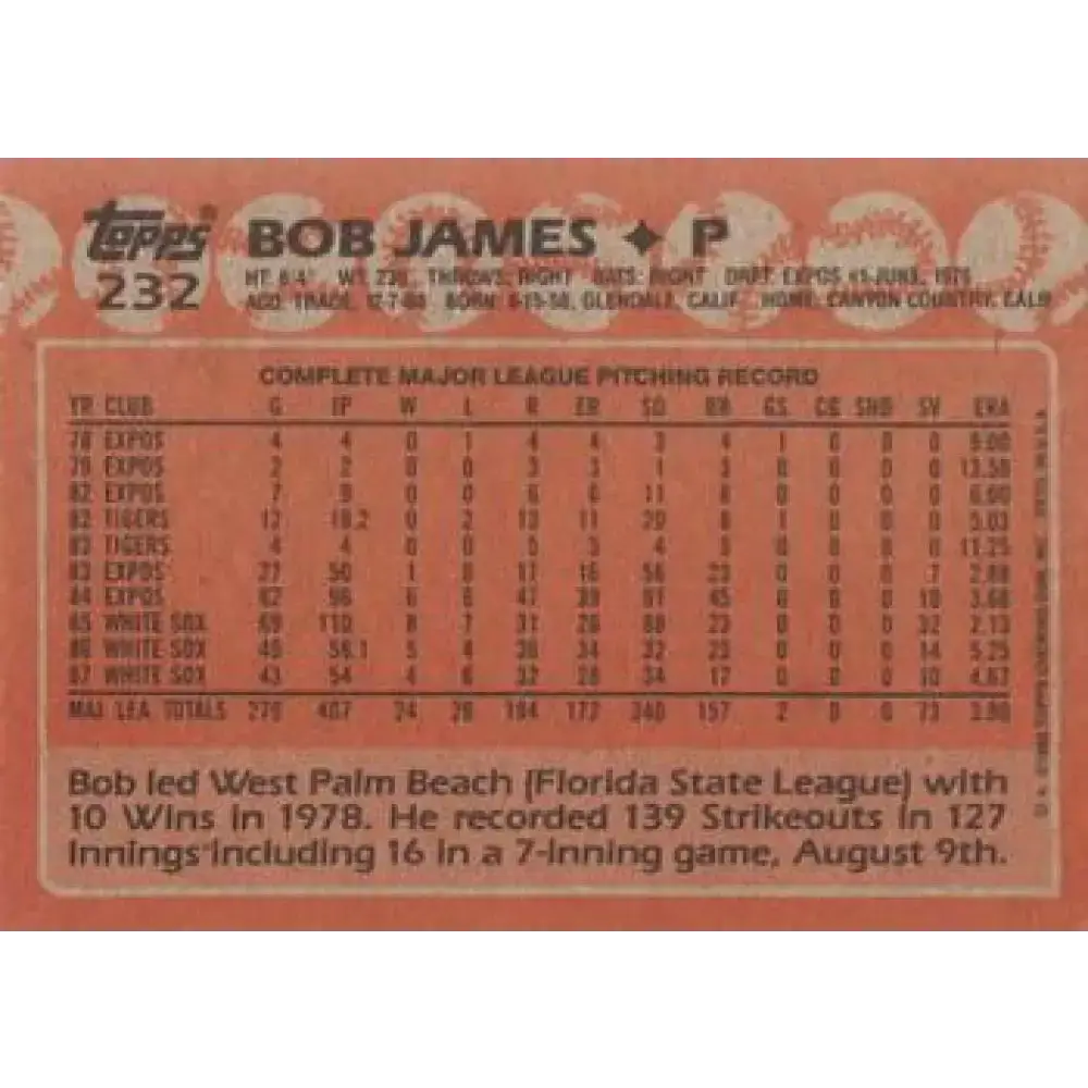 1988 Topps #232 Bob James NM-MT Chicago White Sox Baseball Card - Baseball Card Single