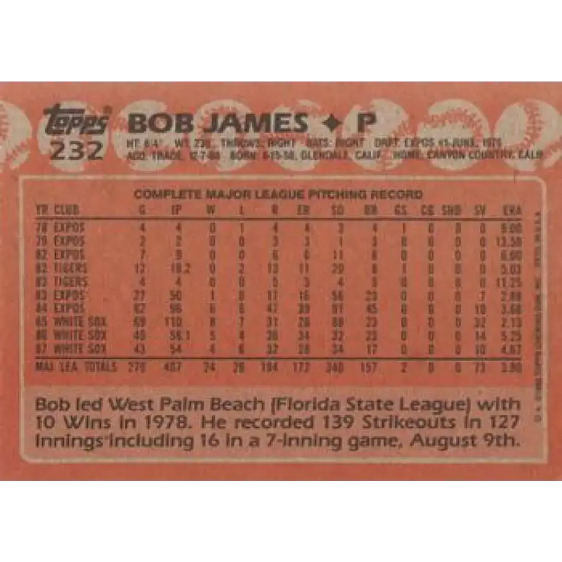 1988 Topps #232 Bob James NM-MT Chicago White Sox Baseball Card - Baseball Card Single