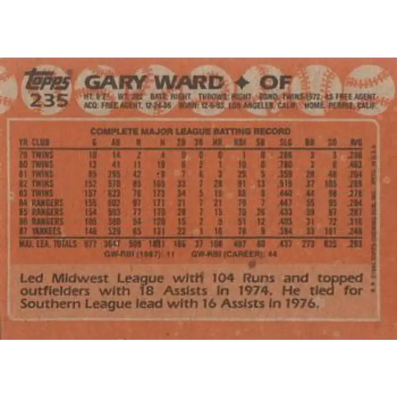 1988 Topps #235 Gary Ward NM-MT New York Yankees Baseball Card - Baseball Card Single