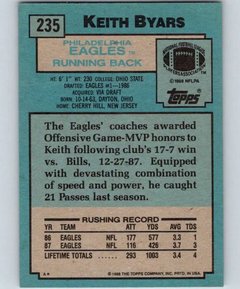 1988 Topps #235 Keith Byars EX Excellent Philadelphia Eagles Football Card - Football Card Single