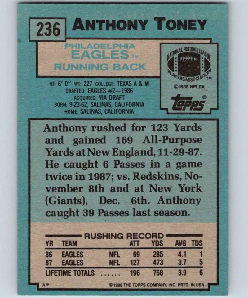 1988 Topps #236 Anthony Toney EX Excellent RC Rookie Philadelphia Eagles Football Card - Football Card Single