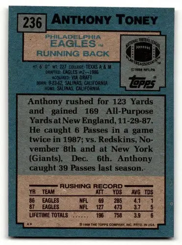 1988 Topps #236 Anthony Toney Philadelphia Eagles Football Cards EX/ ID:62569 - Football Card Single