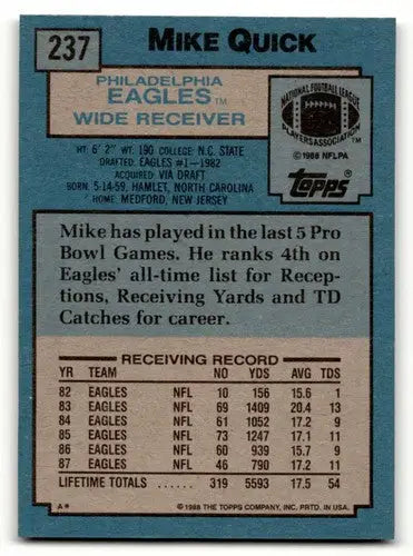 1988 Topps #237 Mike Quick Philadelphia Eagles Football Cards EX/NM ID:62570 - Football Card Single