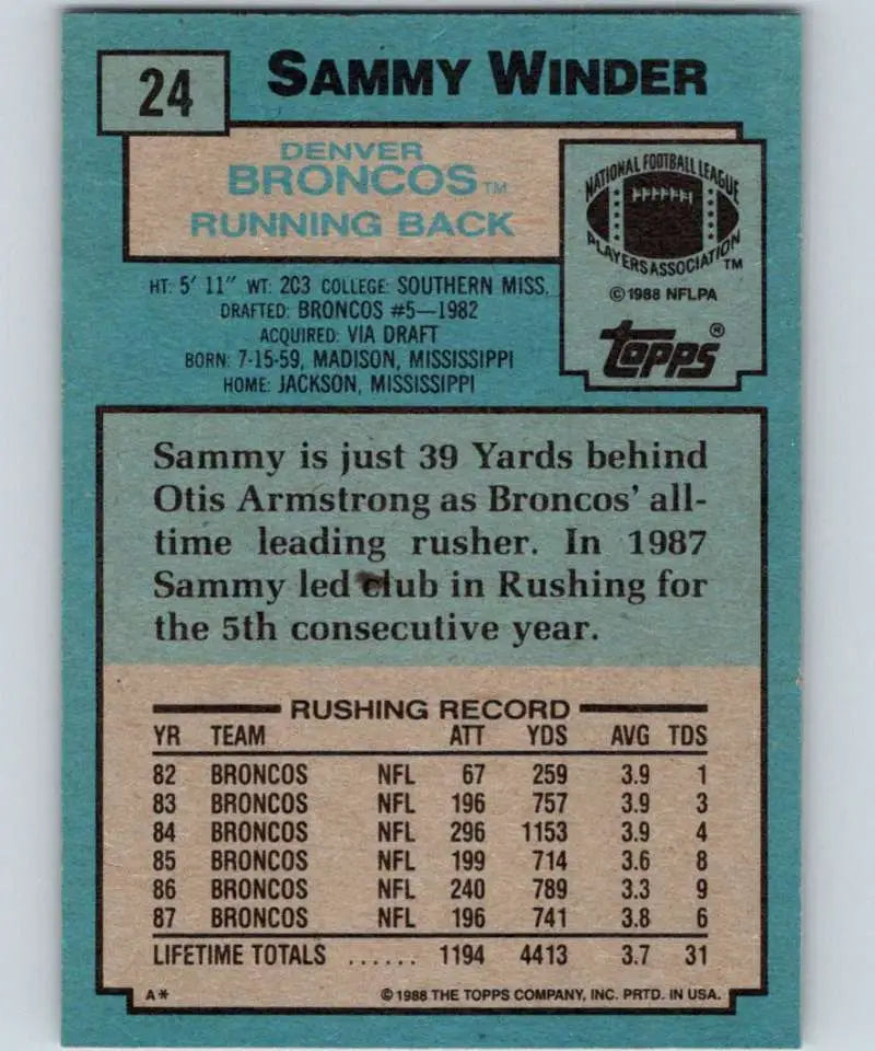 1988 Topps #24 Sammy Winder EX Excellent Denver Broncos Football Card - Football Card Single